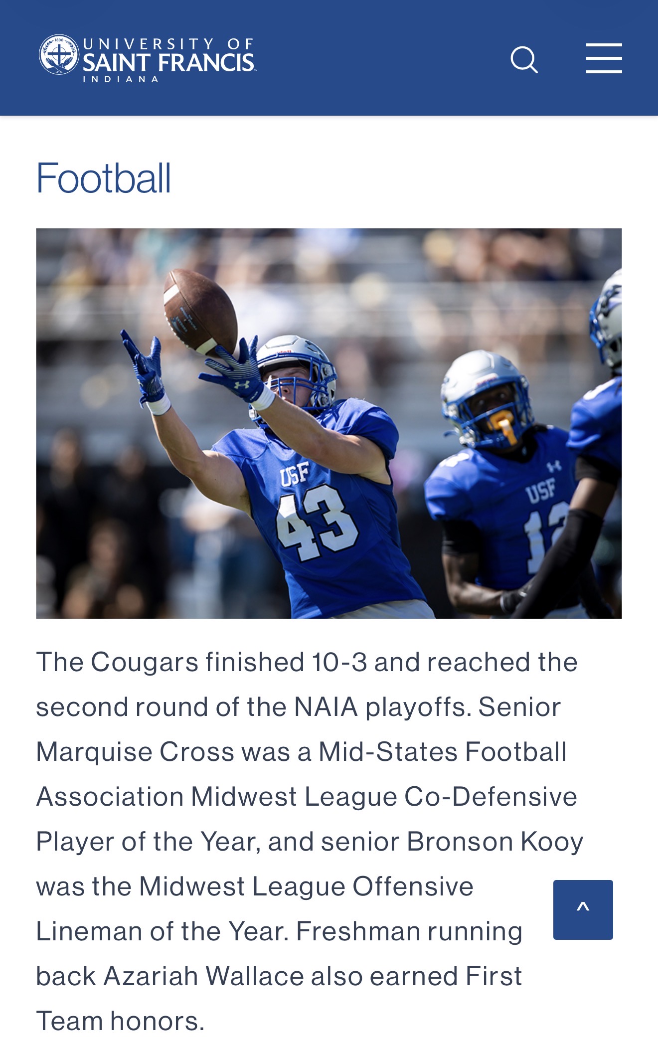 University of Saint Francis football article recognizing Azariah Wallace as a First Team honoree